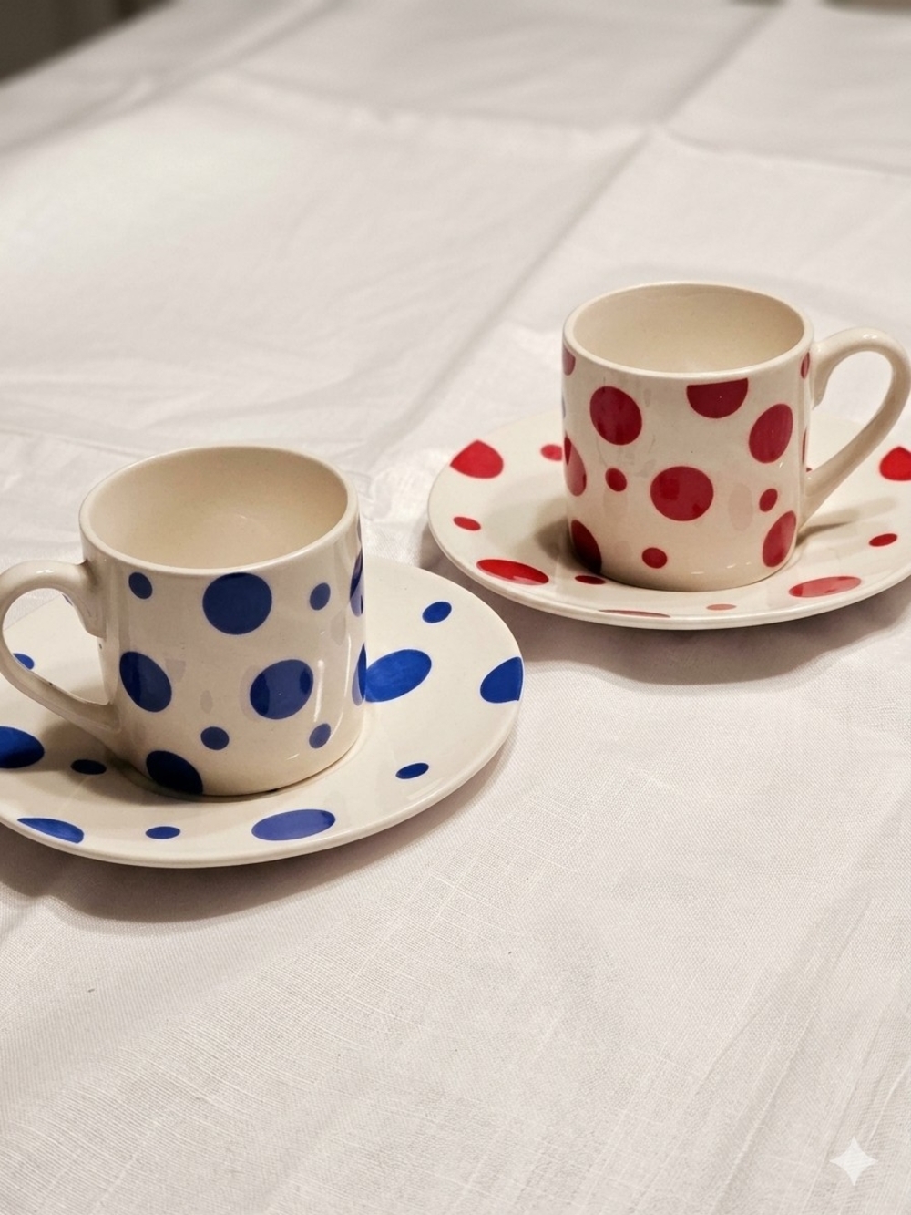 Vintage Skye McGhie Polka Dot Espresso Cup & Saucer Set White Pink Blue